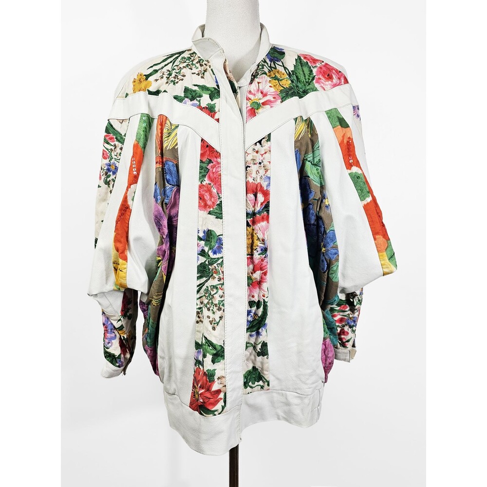 judith Ann Creations Medium White Floral 80s Patchwork Leather Jacket Batwing